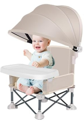 Babystuhl, Baby Campingstuhl Faltbar, Babystuhl Für Unterwegs, Tragbarer Babysitz Mit Verstellbarem Essstuhl Baby Mit Abnehmbarem Tablett Und Sonnenschirm Babyhochstuhl Klappbar