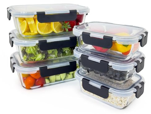 6er-Set Meal Prep Box inkl. Deckel | Glas Frischhaltedosen | luftdicht | BPA-frei | hitzebeständig | geeignet für Mikrowelle, Gefrierschrank & Spülmaschine | ideal für Snacks [3x1040ml + 3x370ml]