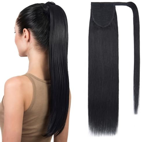 SEGOHAIR Pferdeschwanz Haarteil Echthaar Extensions Zopf 22(55cm) Clip in Extensions Echthaar Lang Glatt Echte Haare Extensions Echthaar Remy Pechschwarz-95g
