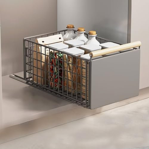 Pull Out Cabinet Organiser, pull out kitchen storage Foldable, Kitchen Cupboard Organiser with Handle, No Drill Adjustable Drawers, Slide Out Drawers for Kitchen Cabinets, grey, 23.5*19.5*39.5~56.5cm