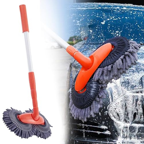 Car Cleaning Brush, Car Wash Mop with Telescopic Handle, Rotating Long Rod Wash Mop for Washing Caravan Van Truck Boat RV Roof, Microfiber Double Head Duster Cleaning, Not Hurt Paint Scratch Free