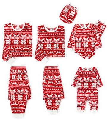 PATPAT Familien Weihnachtspyjamas Polarfleece - Partner Pyjama Set mit Rentier- und Schneeflocken-Print - Weihnachtsoutfit Familie mit Baby - Mutter-Tochter Partnerlook, Rot, Baby: 6-9 Monate