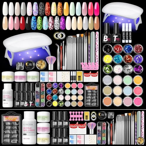 Coscelia - Set completo di unghie in acrilico 3 colori per unghie con 24 glitter acrilici e monomero da 30 ml, kit di unghie in acrilico con 6 smalti semipermanenti