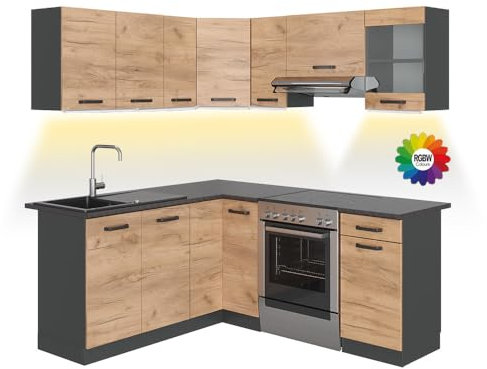 Vicco Eckküche Rick, Goldkraft Eiche/Anthrazit, 187 x 60 cm, AP Schwarz Gemustert mit LED-Leisten