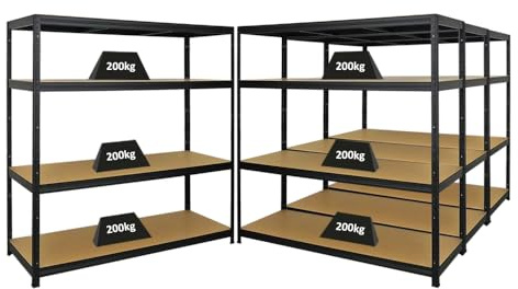 PROREGAL Mega Deal 4er-Set Schwerlastregal Giant Elephant 160x150x60cm mit 4 Ebenen Fachlast 200kg Schwarz, Kellerregal, Steckregal, Garagenregal, Lagerregal
