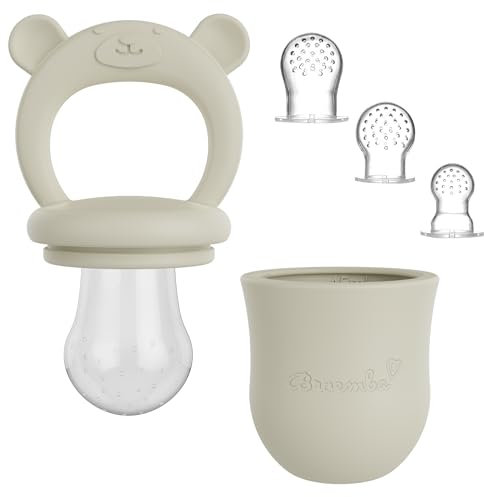 Baby Fruchtsauger & 3 Schnuller - Beiger 100% Silikon Nahrungsschnuller mit Beißring, Fruchtschnuller für Obst, Gemüse & Babynahrung, BPA-frei - Broemba®