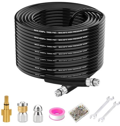 10M Pressure Washer Hose - Compatible with Bosch Pressure Washer, 400 Bar/5800 PSI Drain Hose Cleaning Kit Sewer Jetter Kit with Jet Nozzle and Rotating Jet Nozzle