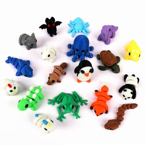 Lotvic Animales impresos en 3D, 18 juguetes para ansiedad impresos en 3D, colorido juego de mini animales impresos en 3D, juguete articulado flexible pequeño, figuras en miniatura impresas en 3D para