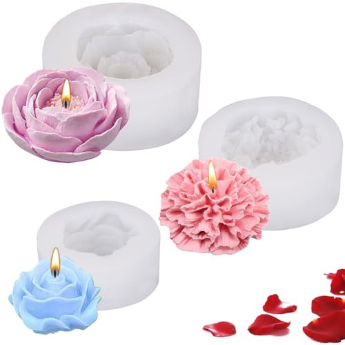 RNHDLY 3 Pezzi Stampi in Silicone per Candele, Rose Peonia Garofano Stampi per Candele Fai Da Te, Stampo per Candele, Stampo Silicone Fiori per Candele Profumate, Ornamenti, Regali