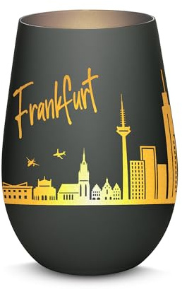 Gravur-Max Windlicht mit 360° Gravur Skyline Frankfurt Deko Glaslicht als tolles Geschenk mit Einer hochwertigen Lasergravur zu jedem Anlass in der Farbe Schwarz/Silber