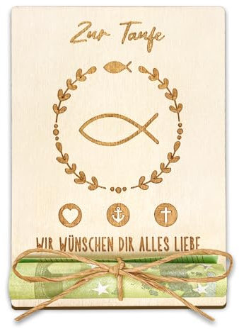 Luckeey Geschenk Taufe, Geldgeschenk Taufe Verpackung aus Holz, Personalisiert Taufgeschenke für Mädchen & Jungen - 12.5 × 9 cm