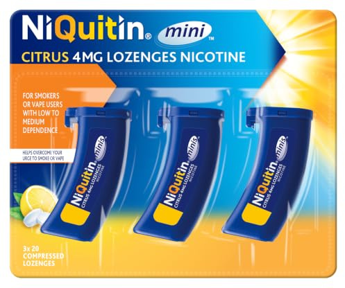 NiQuitin Minis Citrus Nicotine Lozenges 4mg, Pack of 60 | Stop or reduce smoking or vaping, 4mg for people who smoke more than 20 cigarettes daily, citrus, relief starts in 3 minutes