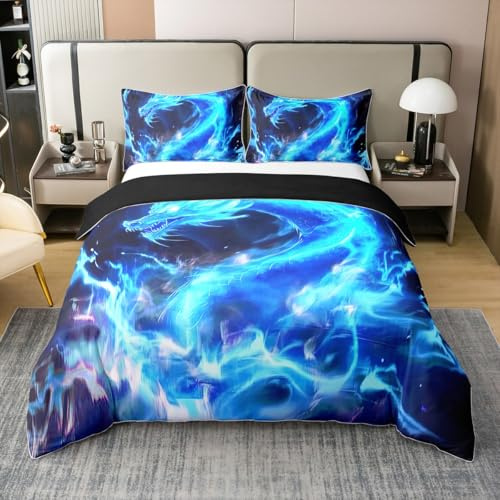 Monster Drache 100% Baumwolle Bettbezug 135x200 für Kinder Jungen Mädchen Magie Wildtiere Bettwäsche Set EIS Anime Blitz Thema Tröster Abdeckung 3D Drache Weiche Atmungsaktive Wildtiermuster Bett Set