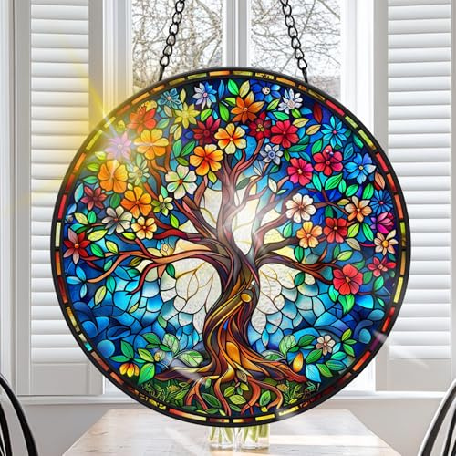 VAIIEYO Arbre Attrape-Soleil Suspendu, Attrape-Soleil pour fenêtre Paysage, avec Chaîne en Métal, Décorations Jardin Fenêtre Murales, Fête des Mères, Pendaison de crémaillère 20x20cm-Rond