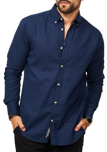 behype. Herren Leinenhemd als Langarmhemd - Freizeithemd im Regular-Fit mit Button-Down Kragen Sommerhemd - Strandhemd im Sommer-Look für Männer