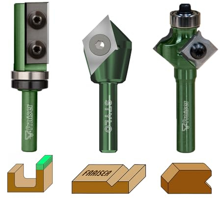 Fraiser Set di frese per legno, 3 frese ad inserti, gambo 8 mm, per fresatrice verticale, rifilatore e banco fresa - Kit base professionale