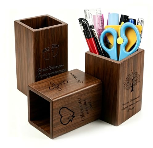 QSZ Pot à Crayon Personnalisé en Bois Porte-Stylo Gravé Texte/Logo pour Bureau Organisateur de Bureau Bois Cadeau Personnalisé pour Homme Femme Professeur (Porte-Stylo Gravé)