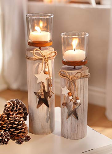 Dekoleidenschaft 2X Windlichtsäule Stern aus Holz & Glas, 30 + 35 cm hoch, im Shabby Look, Teelichthalter, Adventsdeko, Holzsäule mit Kerzenglas, Weiß
