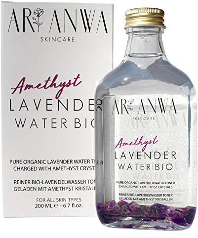 Lavendelwasser Spray Bio mit echten Amethyst Kristallen - Echtes Rosenwasser Gesichtswasser in Glasflaschen - Gesichtsspray Lavendel Toner - Gesichtswasser Bio Blütenwasser gegen unreine Haut (200ml)