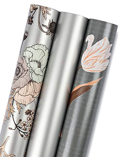 RUSPEPA Geschenkpapierrolle - Mini Roll - 3 Verschiedene Silberne Blumenmuster (42,5 sq. ft.ttl.) - 43,2 cm x 3,05 m Pro Rolle