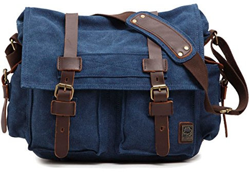 Sechunk Vintage Militär Leder Canvas Umhängetasche Laptop Tasche Retro Messenger Taschen (Blau, small-13‘’)