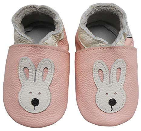 Bemesu Krabbelschuhe Baby Lauflernschuhe Jungen Mädchen Weiche Leder Lederpuschen Hausschuhe kleinkind Barfußschuhe Baby Sockenschuhe Babyschuhe Pink Hase (M, 6-12 M, EU 20/21)
