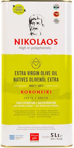 Olivenöl 5 L aus Kreta, Griechenland – „NIKOLAOS“ Premium-Qualität, reich an Polyphenolen, extra nativ, kaltgepresst. Neue Ernte: Dez. 2024 – Feb. 2025. Mind. haltbar bis: Sept.- Nov. 2026