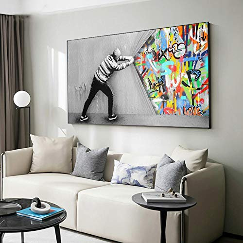 Banksy Graffiti-Kunst hinter dem Vorhang Malerei auf Leinwand Poster und Drucke Street Wall Art Bild für Wohnzimmerdekor 75x145cm (30x57in) mit Rahmen