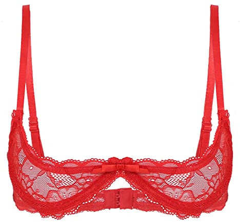 inhzoy Women's Lace Sheer Lingerie Underwire Shelf Bra Top Sexy 1/4 Cups Push Up Unlined Bralette Underwear Red L