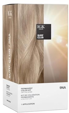 IGK Permanent Hair Dye Color Kit | 9NA Surf Club - Light Cool Blonde | 100% Gray Color Coverage + Strengthen + Shine | Ammonia Free