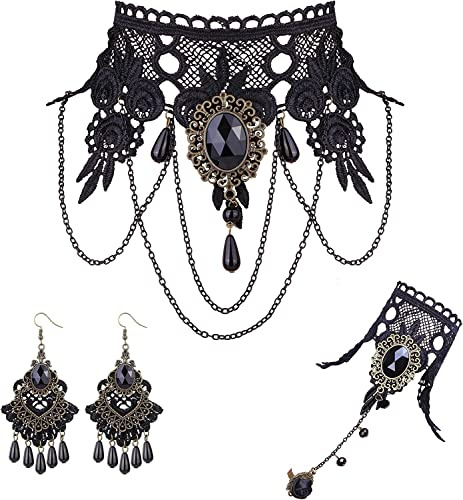 LOLIAS 4PCS Schwarze Spitze Choker Halskette mit Armband und Anhänger Ohrringe Gothic Vintage Set für Damen Halloween Vampir Steampunk Hochzeit Party Mascarade Kostüm Schmuck Sets
