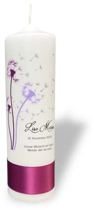 Taufkerze mit Pusteblume lila