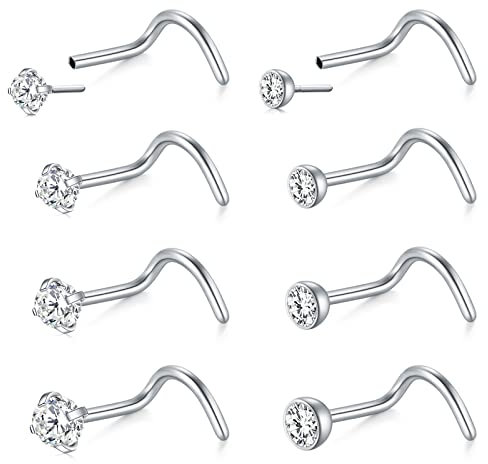 Mayhoop 20G Nasenpiercing Nasenstecker Nasenringe Chirurgenstahl Silber Nose Screw mit 1,5/2/2,5/3mm CZ für Frauen Männer Inset Design Nasenloch Piercing 8St