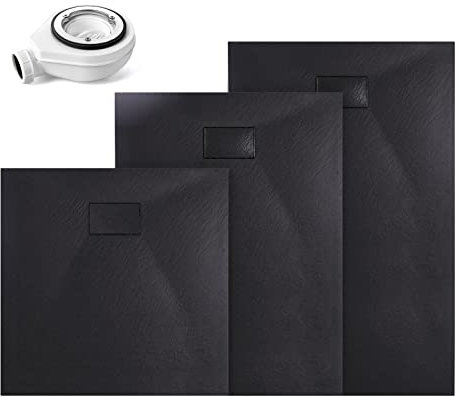 EMKE Duschwanne 120x90 cm Schwarz, Duschwanne mit Siphon und Abdeckung Anti-Rutsch, Duschtasse 120x90 cm SMC Duschwannen Flach Zuschneidbar mit Ablaufgarnitur