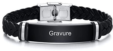 XUANPAI Bracelet Cuir Personnalisé Gravure - Manchette Tressée Cuir avec Plaque en Acier Inoxydable, Classique Bracelet Polissage Réglable pour Homme Garçon