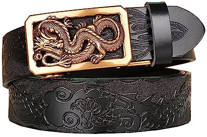 xichuangyuXCY Men's Leather Ratchet Belt Retro Dragon Pattern Eagle Tiger Buckle Carved Casual Business Belt 49 (Black Dragon Pattern Dragon 3)