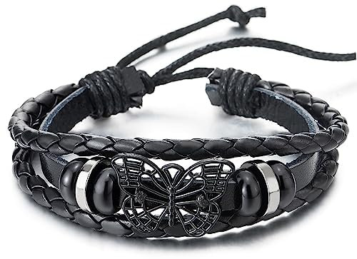 COOLSTEELANDBEYOND Papillon Multi-Brin Noir Bracelet en Cuir Tressé pour Femme - Entrelacé - Cuir Envelopper Bracelet