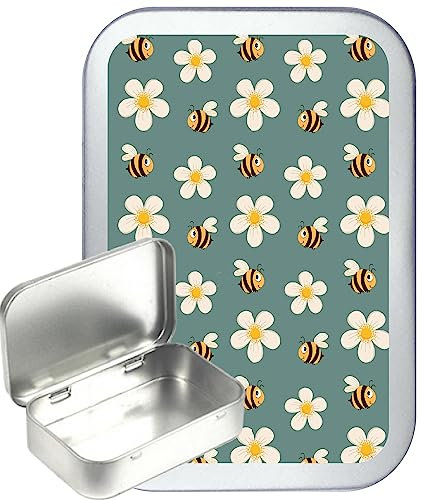 TEEZ Bee's & Daisies 50ml Silver Hinged tin, Pocket tin, Pill Box, Tobacco tin, Gift Box