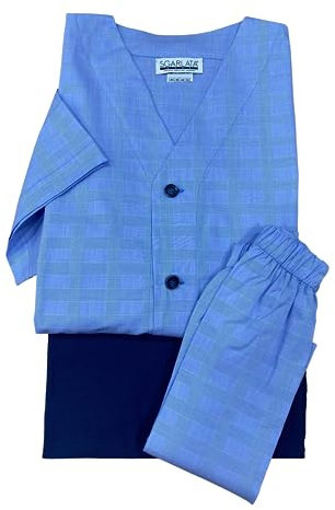 Pigiama per Uomo Tre Pezzi Abbottonato Maniche Corte + 1 Pantalone Lungo + 1 Pantalone Corto Mod. Cardigan in Puro Cotone Makò Mercerizzato e Tinto in Filo Peso Primaverile Art. Marco (Azzurro, L)