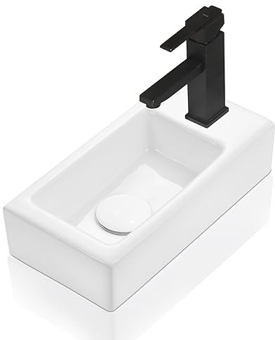 Lavabo Suspendu Salle de Bain, Petit Lavabo WC, Vasque de toilette invités, Mini Lavabo en Céramique, Trou de Robinetterie à Droite, Sans Pop-Up Bonde de Lavabo, 37 x 18,5 x 9 cm
