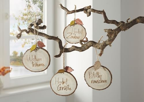 Dekoleidenschaft 4x Dekohänger Herbstgrüße aus Holz, kleine Baumscheiben mit Sprüchen, Hängedeko, Herbstdeko