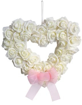 Kunstrose Blumenkranz 36cm Liebes Herz-Form Künstliche Rosen Kranz Deko Türkranz Blumenkranz Dekokranz Wandkranz Weihnachtskranz für Haustür, Hochzeit, Wand, Wohnkultur (Weiß)