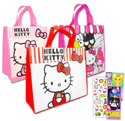 Hello Kitty Ensemble de sacs fourre-tout pour filles – Ensemble d'accessoires Hello Kitty avec 3 sacs Hello Kitty réutilisables Hello Kitty – Sacs d'épicerie avec autocollants, plus | Ensemble de sacs