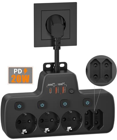 PD20W Ladron Enchufes Múltiple USB, Regletas Enchufes USB PD20W y Dual QC18W Carga Rápida,Ladron Enchufes con Interruptor, Regleta 5 Tomas Proteccion Sobretension,Base Enchufe Multiple Pared,Negro