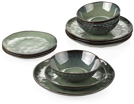 Geschirrset, 12-teiliges Tafelservice im Vintage-Look, Keramik-Geschirrset aus grünem Steinzeug mit Dessertteller und Schüssel (D Hellgrau)