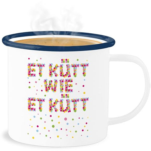 Emaille Becher Blechbecher - Karneval & Fasching - Tassen - Et kütt wie et kütt Konfetti I Köln I Kölsches Grundgesetz I Echte Kölner - 300 ml - Weiß Blau - fasching- koeln tasse carnevale
