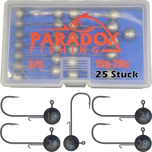 Paradox Fishing Jigköpfe Set 3/0 25x I je 5X 15g/18g/21g/24g/28g I Jig Köpfe Gummifisch mit Jighead für Gummifische Zander Angelzubehör
