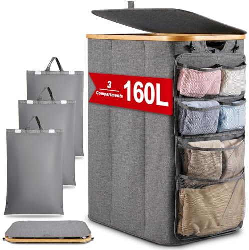 DOKRVLOQ Wäschesammler Wäschekorb 3 Fächer mit Deckel 160L Upgrade Hängeorganizer Wäschesortierer Groß Laundry Baskets Faltbarer Wäschekörbe Bambus Stoff Wäschebox für Schmutzwäsche WäSchetonne Grau