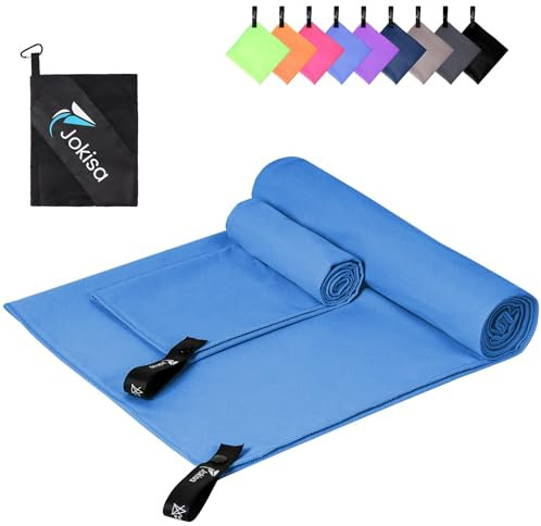 Jokisa Mikrofaser Handtuch 2er Set, 180X90cm Strandtuch Mikrofaser + 80X40cm Sporthandtuch, Schnelltrocknendes & Sandfrei Handtücher für Outdoor Sauna Strand Trekking (Hellblau)