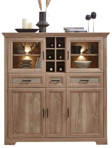 Lomadox Highboard Vitrinenschrank 143cm breit in Eiche, optional mit Wiener Geflecht, inkl. LED-Beleuchtung